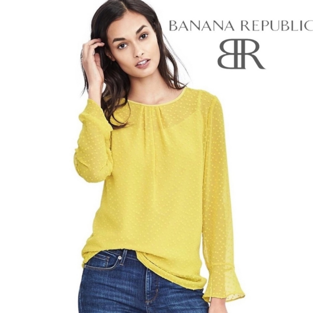 NEW Banana Republic Sheer Long Sleeve Swiss Dot Yellow Top Medium